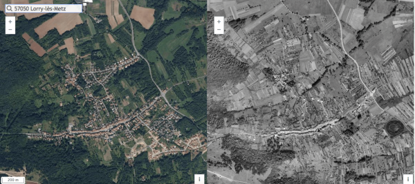 Quelques décennies pour une transformation profonde des paysages : Lorry-lès-Metz dans les années 2000-2010 et dans les années 1950-1960 (<em>source : https://remonterletemps.ign.fr</em>).