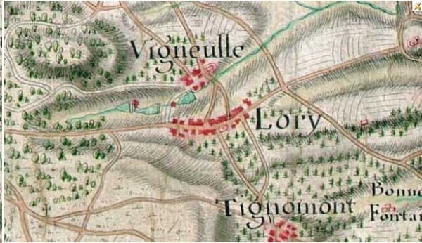 Extrait de la carte de Naudin, établie de 1728 à 1139 sur la Lorraine, montrant l'implantation de Lorry, Vigneulle et Tignomont, ne faisant plus qu'un ensemble bâti aujourd'hui.
