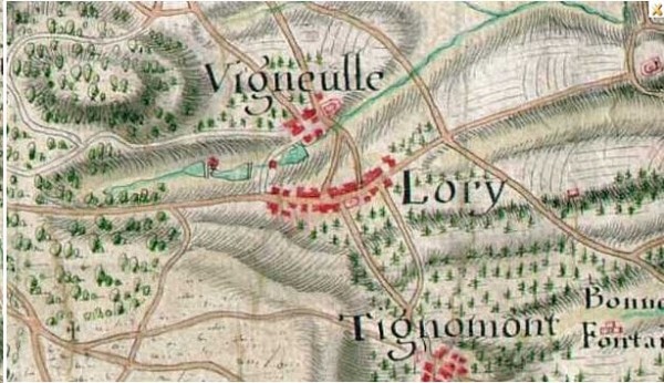 Extrait de la carte de Naudin, établie de 1728 à 1139 sur la Lorraine, montrant l'implantation de Lorry, Vigneulle et Tignomont, ne faisant plus qu'un ensemble bâti aujourd'hui.