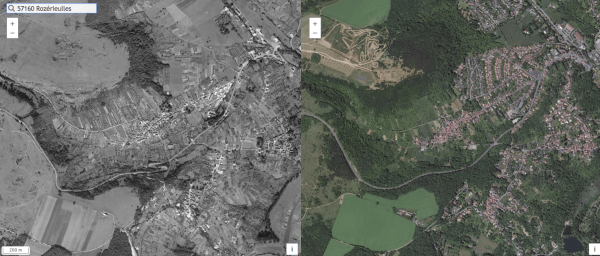 Comparaison des photographies aériennes de 1950 et d'aujourd'hui sur Rozérieulles. La forêt gagne du terrain, les vergers disparaissent progressivement. (source : <a target=