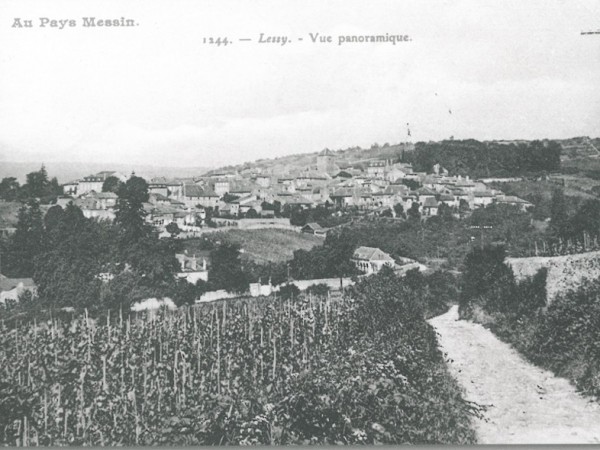 Vue sur le village de Lessy et ses parcelles de vignes au premier plan. (carte postale ancienne, 1908)