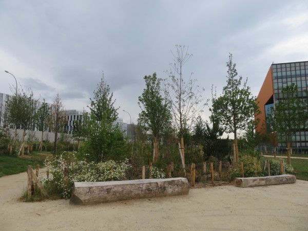 Du mobilier conçu avec des ressources provenant du site lui-même - profiter d’un chantier d’abattage pour créer du mobilier ; un mobilier issu du site, un coût réduit, une invitation à la créativité ! Banquette en grume dans la Forêt Linéaire à Paris 19e (crédit : monono)